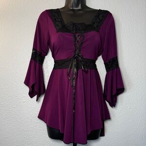 Dare To Wear vintage women’s fairy Fashion Gothic Bell Sleeve Lace Up Top large